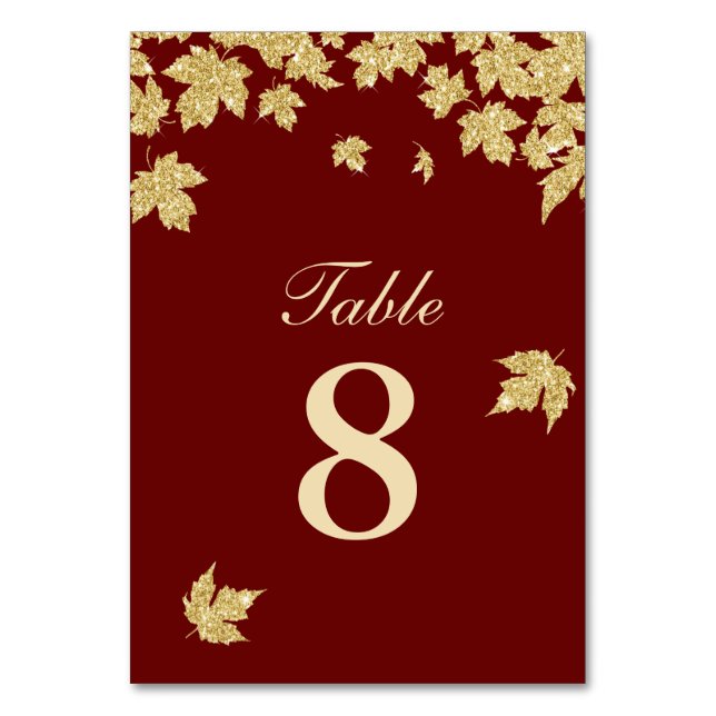 Gold Autumn Leaves Burgundy Red Fall Wedding Table Number (Front)