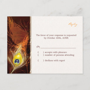 Gold Autumn Peacock Feather Wedding RSVP Invitation Postcard