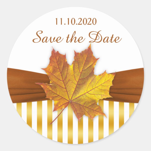 Gold autumnal maple leaf, stripes Save the date Classic Round Sticker (Front)