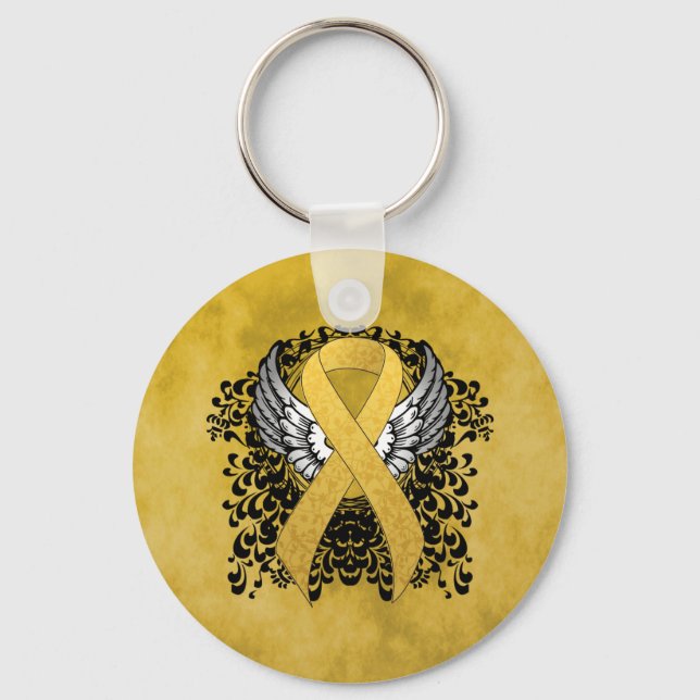 Gold Awareness Ribbon with Wings Key Ring (Front)