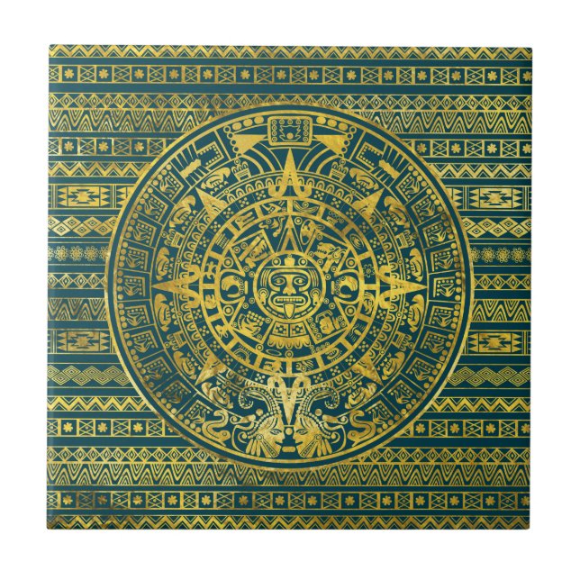 Gold  Aztec Inca Mayan Calendar Ceramic Tile (Front)