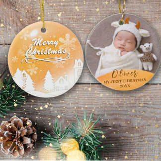 Gold Baby 1st Christmas Custom Photo Ornament