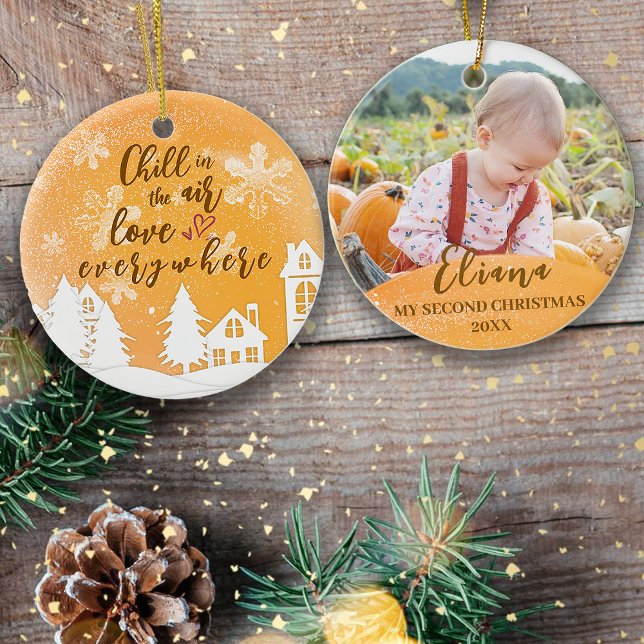 Gold Baby 2nd Christmas Warm Quote Photo Ceramic Ornament (Creator Uploaded)