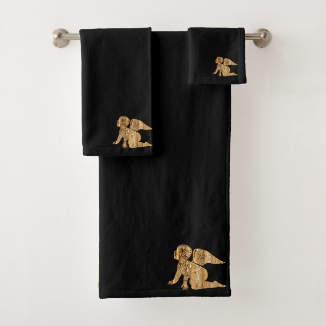 Gold baby angel (black) bath towel set (Insitu)