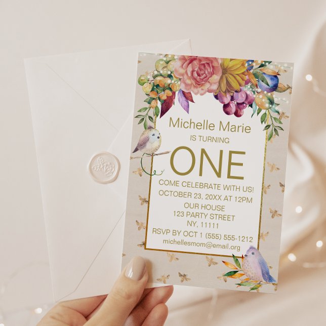 Gold Baby Birds Bumble Bees First Birthday Invitation (Creator Uploaded)