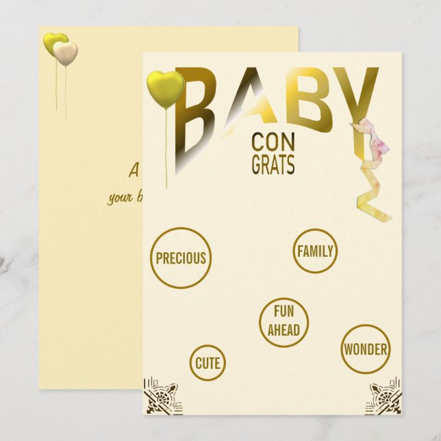 Gold Baby Congrats & Sentiments, Balloons, Ribbon Invitation (Front/Back)
