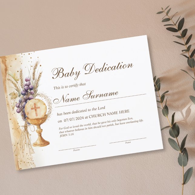 Gold Baby Dedication Certificate, Baptism (Creator Uploaded)