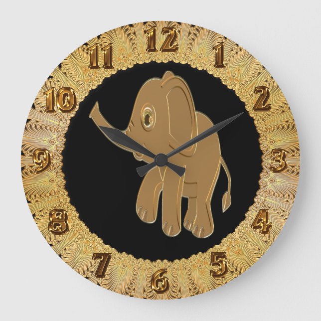 Gold baby elephant looking into the sky large clock (Front)