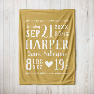 Gold Baby Girl Birth Stats   Editable Colours Fleece Blanket