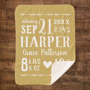 Gold Baby Girl Birth Stats   Editable Colours Sherpa Blanket