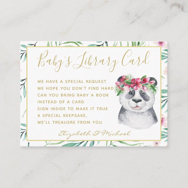 Gold Baby Library Book Request Panda Bear Floral Enclosure Card (Front)