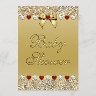 Gold Baby Shower Faux Sequins Hearts Bow Invitation
