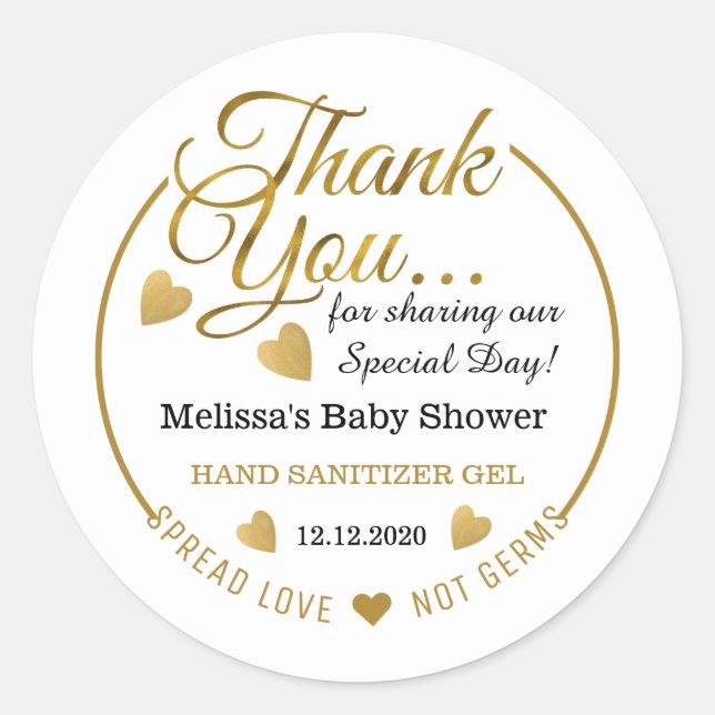  Gold Baby Shower Spread Love Hand Sanitizer Favou Classic Round Sticker (Front)
