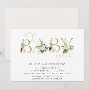 Gold Baby Word Floral Girls Baby Shower Invitation