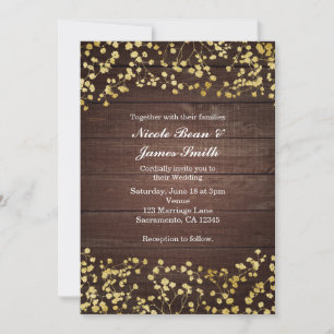 Gold Baby's Breath Dark Wood Wedding Invitation