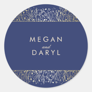 Gold Baby's Breath Filigree Navy Wedding Classic Round Sticker