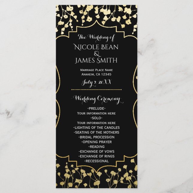Gold Baby's Breath Floral Black Wedding Program (Front)