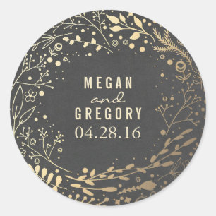 Gold Baby's Breath Floral Bouquet Chalkboard Classic Round Sticker