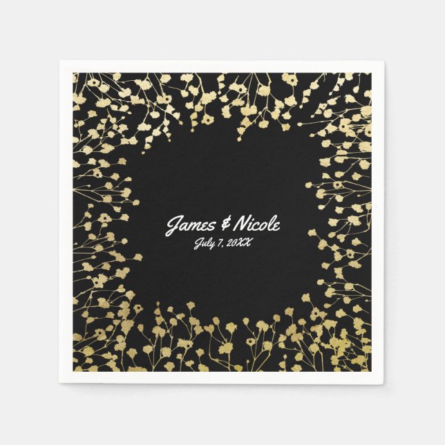 Gold Baby's Breath Floral Elegant Black Napkin (Front)