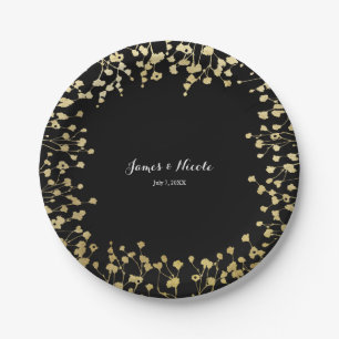 Gold Baby's Breath Floral Elegant Black Paper Plate