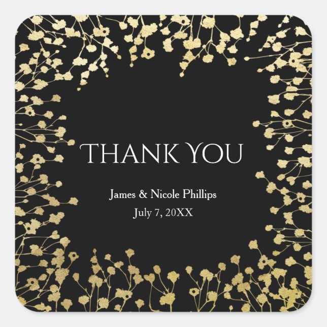 Gold Baby's Breath Floral Elegant Black Wedding Square Sticker (Front)