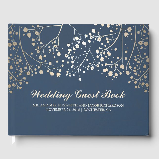 Gold Baby's Breath Floral Elegant Navy Wedding Guest Book (Front)
