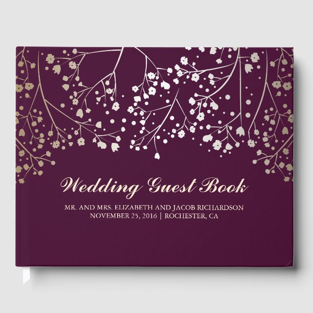 Gold Baby's Breath Floral Elegant Plum Wedding Guest Book (Front)
