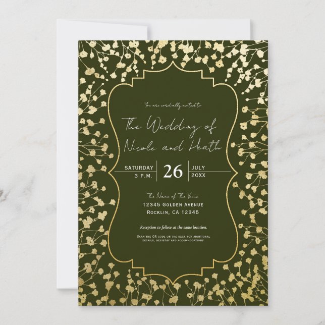 Gold Baby's Breath Floral Rust Olive Green Wedding Invitation (Front)