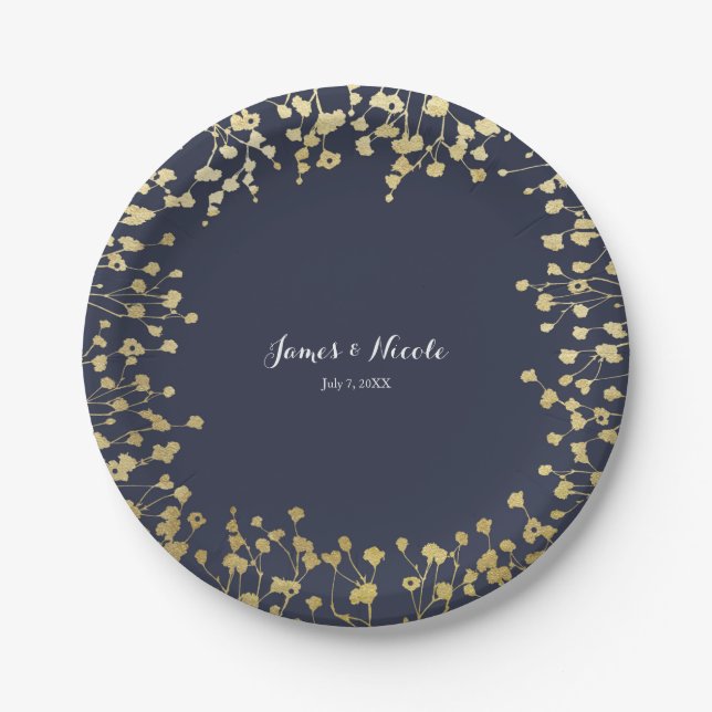 Gold Baby's Breath Floral Rustic Blue Wedding Paper Plate (Front)
