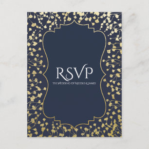 Gold Baby's Breath Floral Rustic Blue Wedding RSVP Invitation Postcard