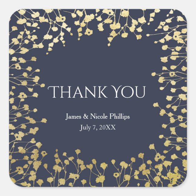 Gold Baby's Breath Floral Rustic Blue Wedding Square Sticker (Front)
