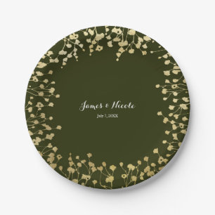 Gold Baby's Breath Floral Rustic Olive Green Paper Plate