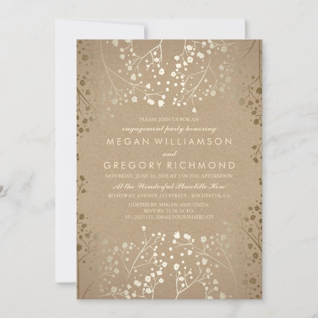 Gold Baby's Breath Kraft Engagement Party Invitation (Front)