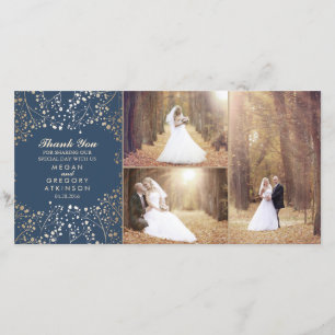 Gold Baby's Breath Navy Wedding Photo Thank You Card