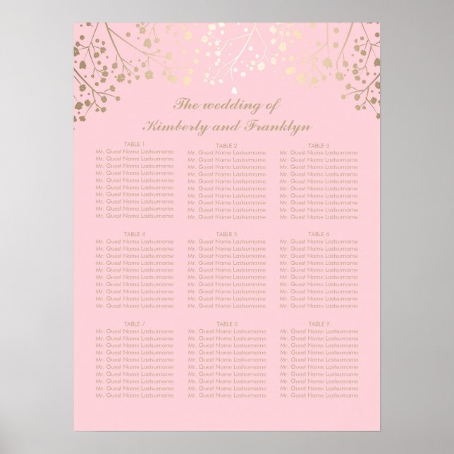 Gold Baby's Breath Pink Wedding Seating Chart (Front)