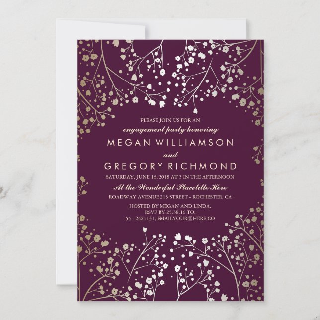 Gold Baby's Breath Plum Engagement Party Invitation (Front)