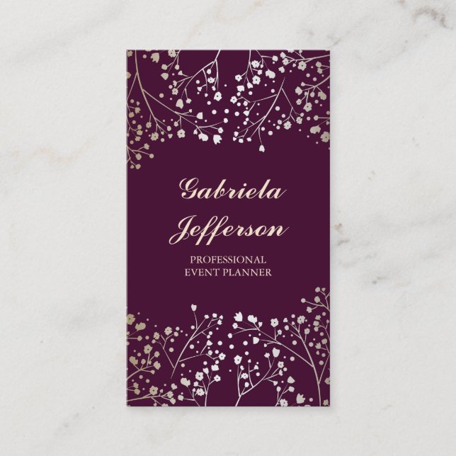Gold Baby's Breath Plum Vintage Elegant Business Card (Front)