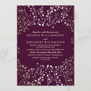 Gold Baby's Breath Plum Vintage Wedding Invitation