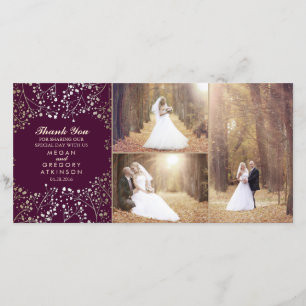 Gold Baby's Breath Plum Wedding Photo Thank You Card