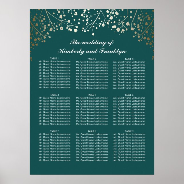 Gold Baby's Breath Teal Wedding Seating Chart (Front)