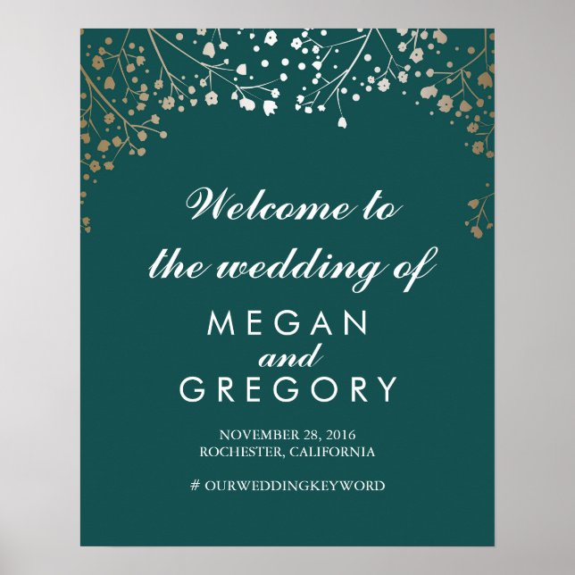 Gold Baby's Breath Teal Wedding Welcome Sign (Front)