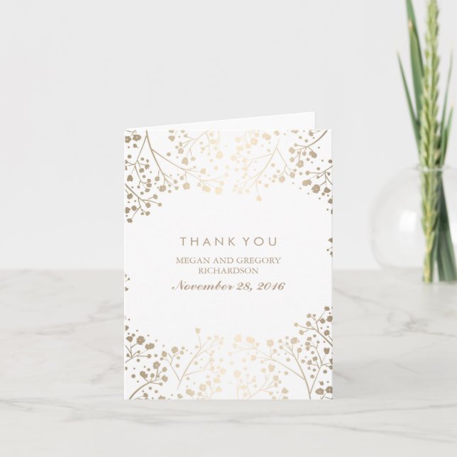 Gold Baby's Breath White Wedding Thank You Card (Front)