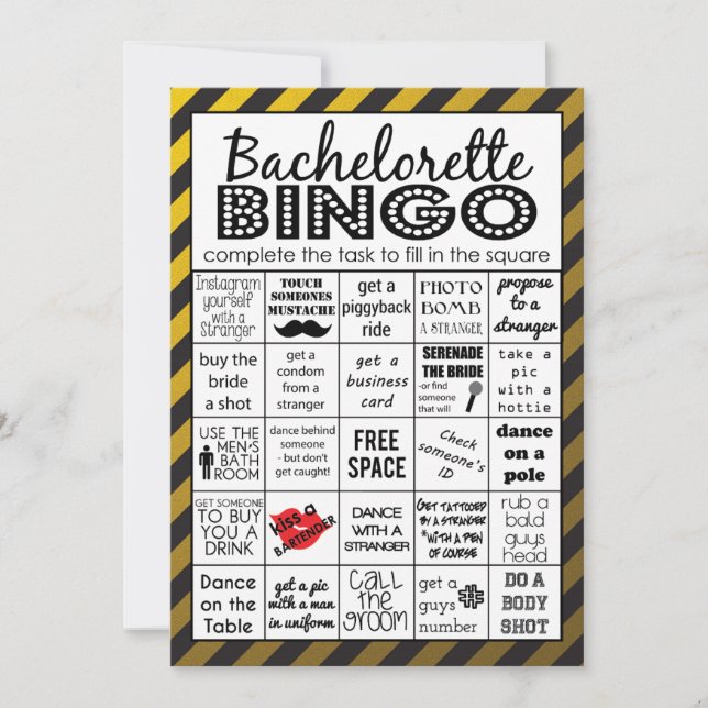 Gold Bachelorette Bingo, Party Game, Challenge Invitation (Front)