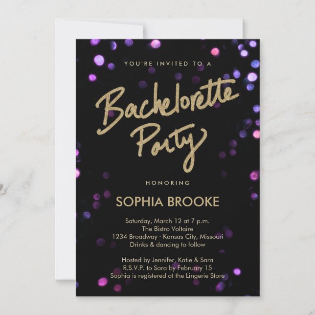 Gold Bachelorette Party with Shimmer Lights Invitation (Front)