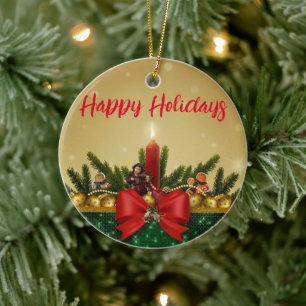 Gold Background with Pine Tree and Saint and Fat Ceramic Ornament