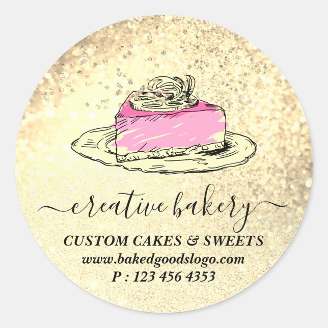 Gold Bakery Pastry Cake slice plate Decorations Classic Round Sticker (Front)