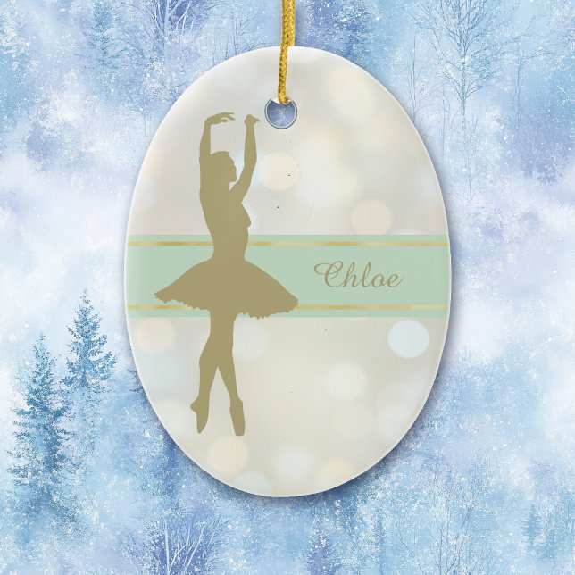 Gold Ballerina Bokeh Background Christmas Ceramic Ornament (Creator Uploaded)