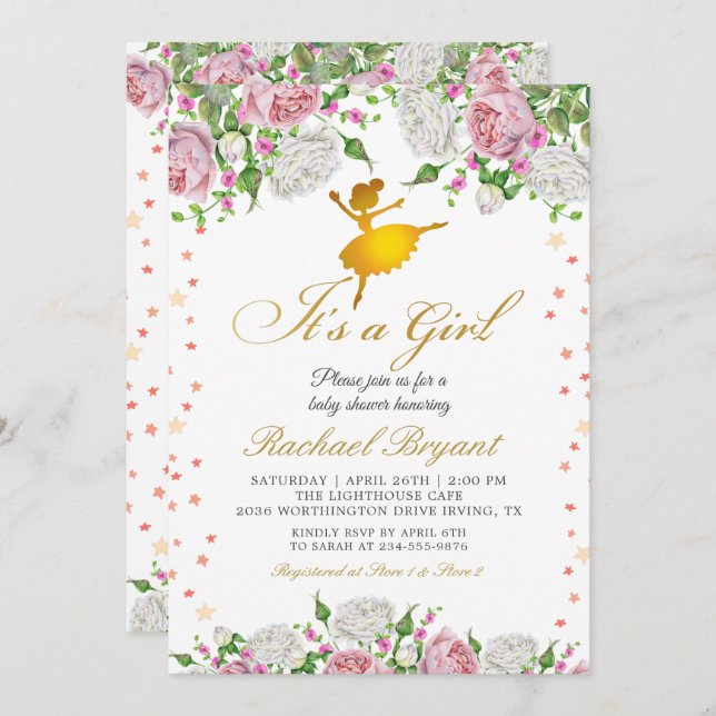 Gold Ballerina Its a Girl Floral Baby Shower Invitation (Front/Back)