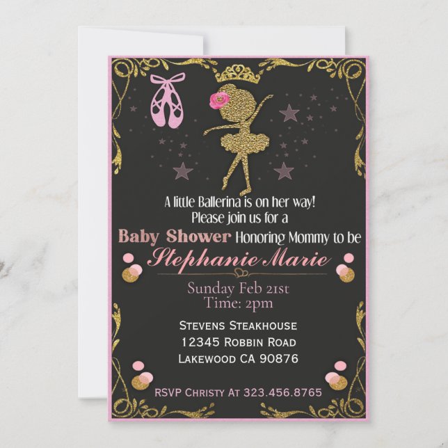 Gold Ballerina on her way Baby shower invite (Front)