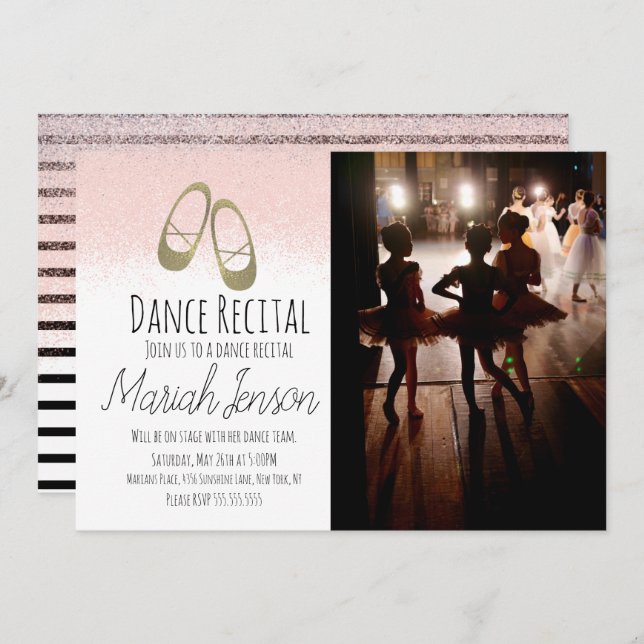 Gold Ballerina Shoes Glitter Stripes Dance Recital Invitation (Front/Back)